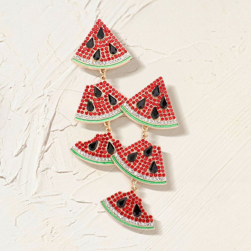 NEW Silver Gold Rhinestone Watermelon Fruit Theme Bling Sparkle Dangle Earrings